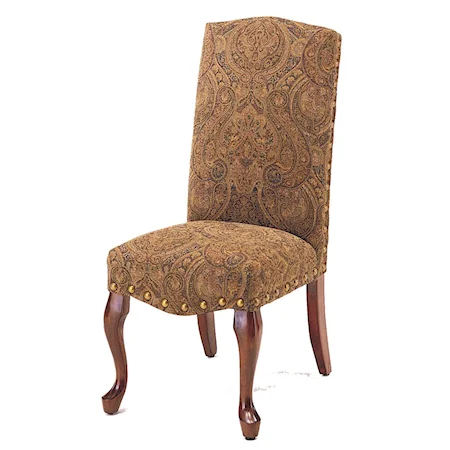 Camel Back Parsons Chair in Paisley Chenille Tapestry Fabric with Large Nailhead Trim and Mahogany Cabriole Legs